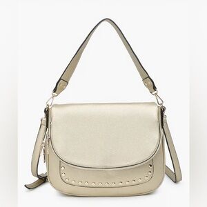 Metallic Gold Faux Leather Shoulder Bag with Stud Detail